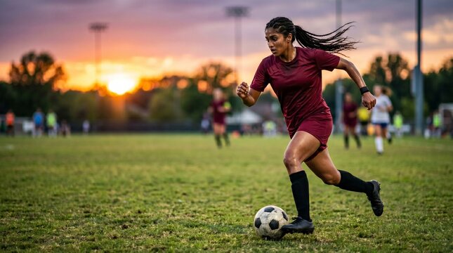 Female soccer player dribbling ball on grass field at sunset.