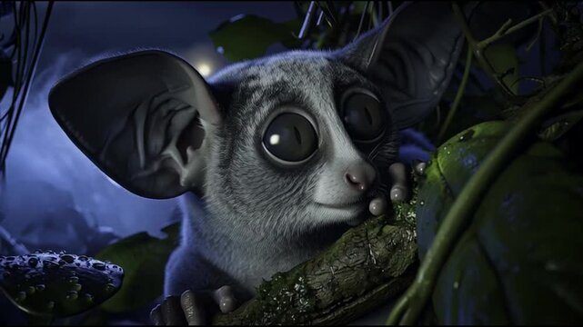 Nocturnal bush baby with large eyes on a tree branch