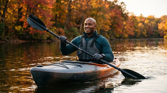 African American man kayaking in autumn river with colorful fall foliage background.