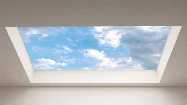 Rectangular sunroof framing moving clouds against a blue sky, minimalist architectural detail.