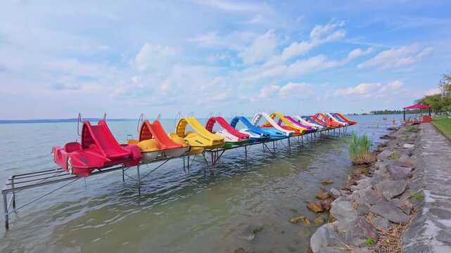 Siofok Hungary May 31 2026 Colorful Pedal Boats Along Shore