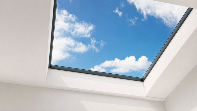 Rectangular sunroof framing moving clouds against a blue sky, minimalist architectural detail.
