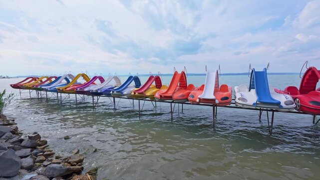 Siofok Hungary May 31 2026 Colorful Pedal Boats On Lakeside Dock