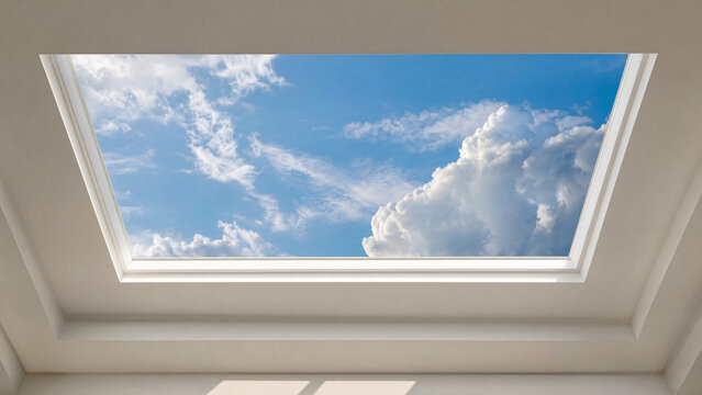 Rectangular sunroof framing moving clouds against a blue sky, minimalist architectural detail.