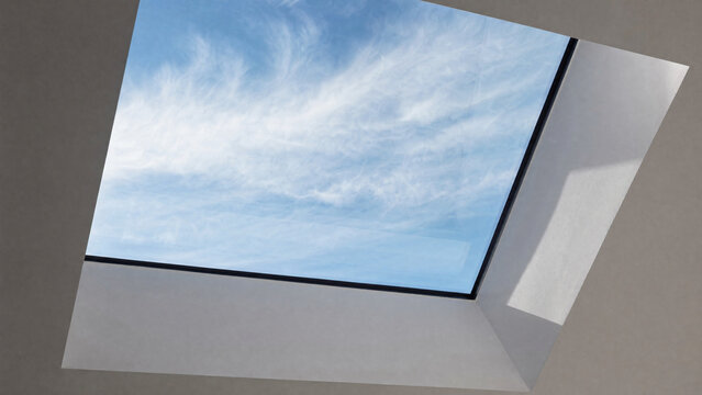 Rectangular sunroof framing moving clouds against a blue sky, minimalist architectural detail.