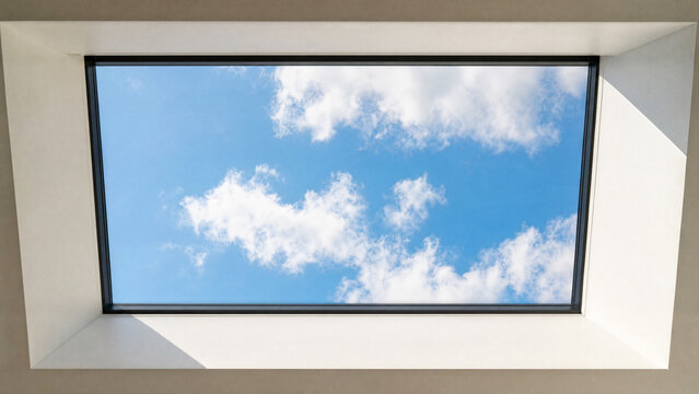 Rectangular sunroof framing moving clouds against a blue sky, minimalist architectural detail.