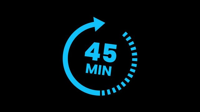 45 minute timer with circular arrow and dotted path animation for time management concepts. Circular arrow timer displaying 45 minutes duration. circular timer icon with number 45. 45 min Timer Animat