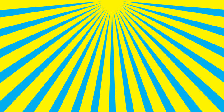 Yellow sunbeams or sun rays background with dots pop art design. Vector abstract background with dispersive, divergent halftone light beams