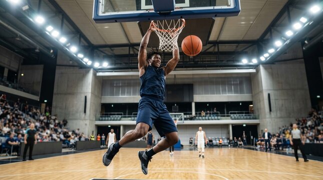 African American athlete slams dunk during intense game in crowded indoor arena.