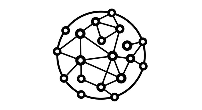 Abstract illustration of a connected network within a sphere, in black and white