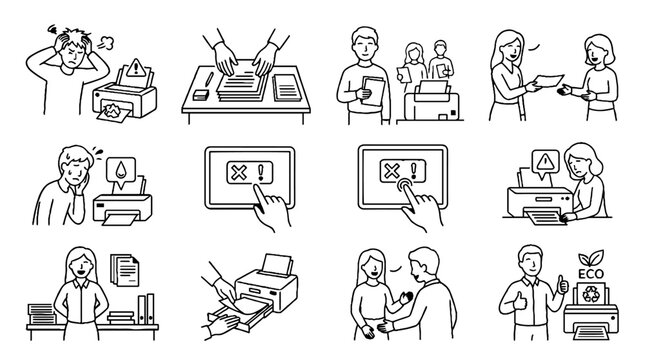 Office Printing Problems and Business Document Management Hand Drawn Illustration Set.