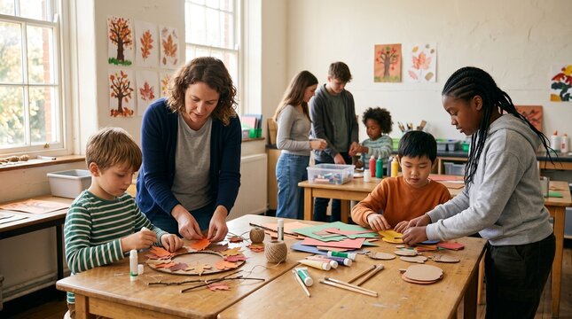 Diverse students and teacher collaborating on fall arts and crafts project in classroom.