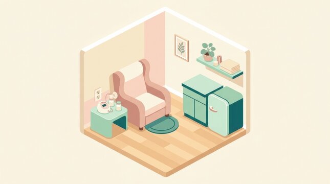 A lactation room features a comfortable chair and storage space for nursing mothers. The design promotes breastfeeding in a supportive environment.
