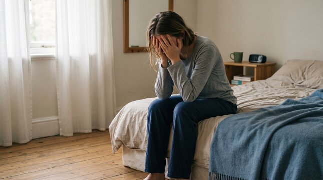 Sad woman sitting on bed covering face in distress and depression.