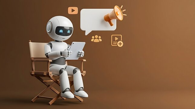 Friendly cartoon robot using a tablet computer to manage social media marketing campaigns with online advertising icons and megaphone