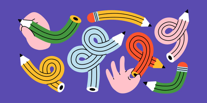 Vector set of colorful curved flexible twisted pencil illustration on purple background. Funny bendy stationery and hand drawing swirl scribble. Back to school baby kids childish collection.