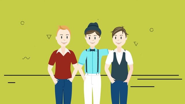 Three Young Male Friends Standing Together and Smiling Diversity Concept Animation