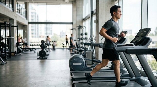 Young Asian man running on treadmill in modern gym with large windows.