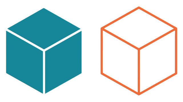Isometric 3D cube set featuring a solid teal block and a hollow orange wireframe for architectural and design concepts