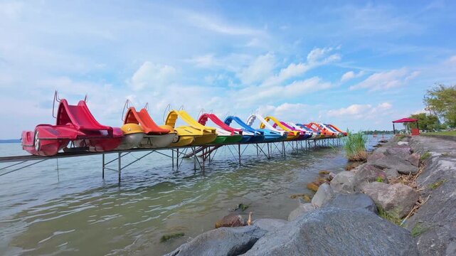 Siofok Hungary May 31 2026 Colorful Pedal Boats Above Lake Water