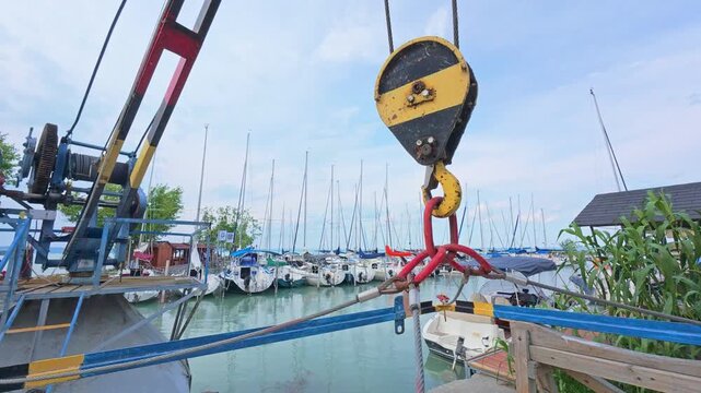 Siofok Hungary May 31 2026 Marina Crane Hook Above Sailboats