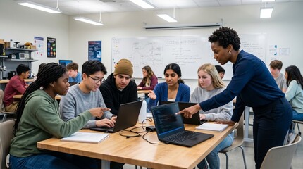 Fototapeta premium Diverse students collaborating on coding project with teacher in modern classroom.
