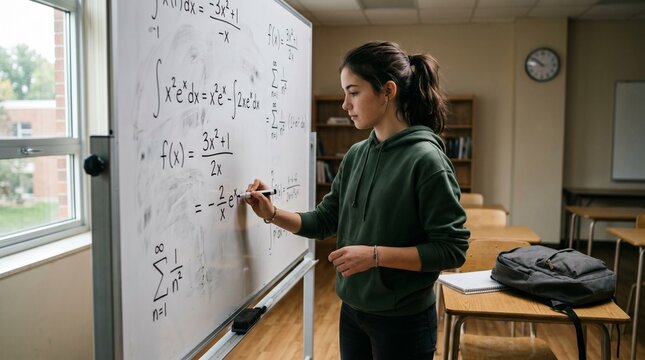 Young female student solving calculus equations on classroom whiteboard with focused expression.