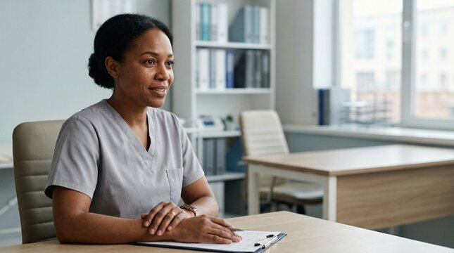 African American female doctor reviewing patient notes at modern medical clinic desk.