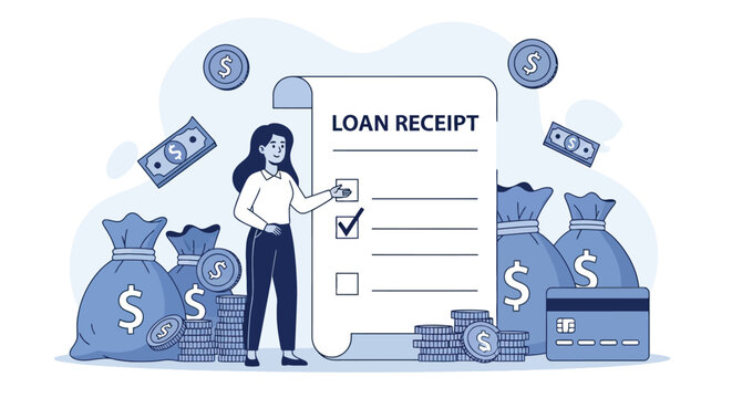 Woman checking boxes on loan receipt document with money bags and credit card representing successful financial transaction in flat graphic design style.