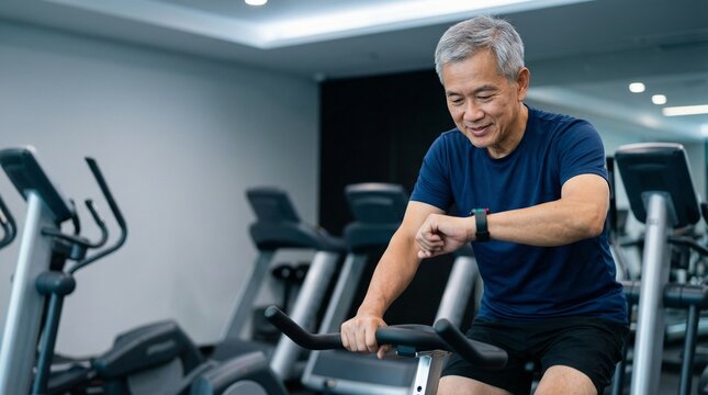 Active senior Asian man checking smartwatch while cycling indoors at modern gym.