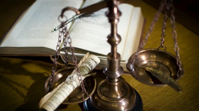A brass scale of justice and sword figurine photographed up close against a dark warm background with soft atmospheric lighting.