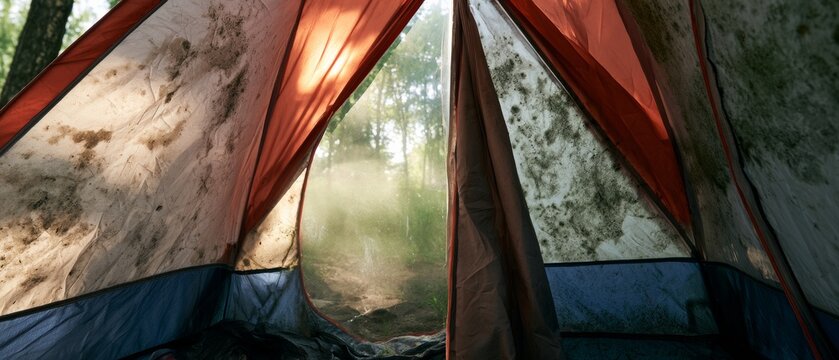 Tent shows view of forest with morning light shining through trees near campsite during early hours of the day