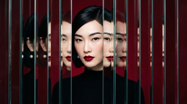 Asian woman with bold red lips and reflections in vertical glass strips against dark red background.