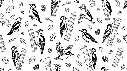 Obraz premium Woodpecker and autumn leaves seamless pattern design.