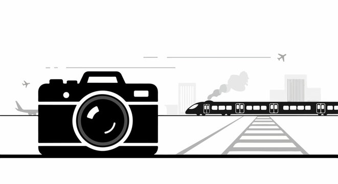Camera Silhouette Train Tracks Cityscape.