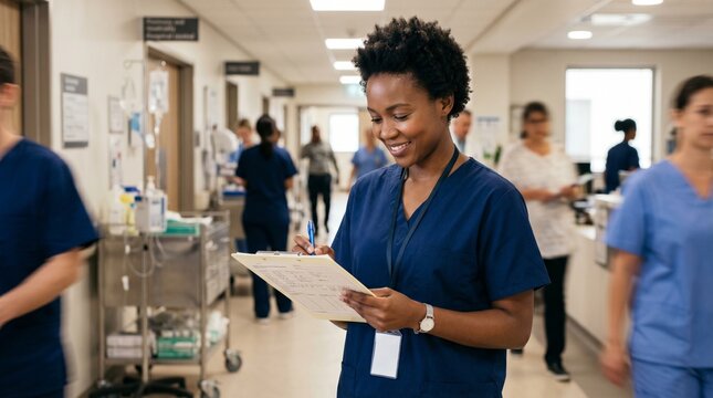 Smiling African American nurse reviewing patient records in busy hospital corridor with colleagues.