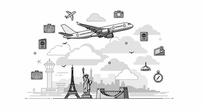 Travel Landmarks Airplane Cityscape Icons.