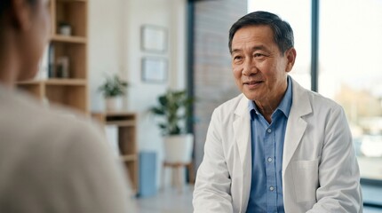 Fototapeta premium Senior Asian male doctor consulting with patient in modern medical office.