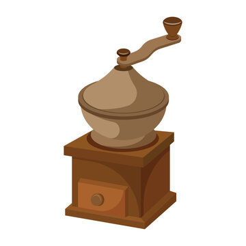 Manual Coffee Grinder Doodle in Flat Style. Vintage Coffee Grinder on White Background