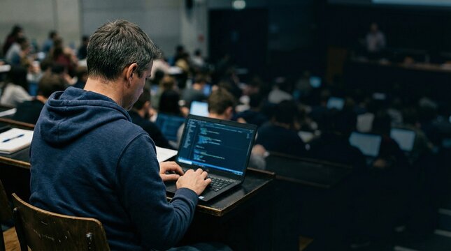 Adult man coding on laptop in crowded college classroom lecture hall.