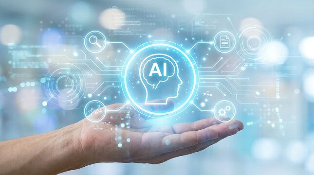 ​A hand displaying a luminous AI head symbol integrated with digital research and document data analysis icons.