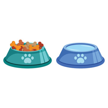 Dog food croquettes and water bowl on white background