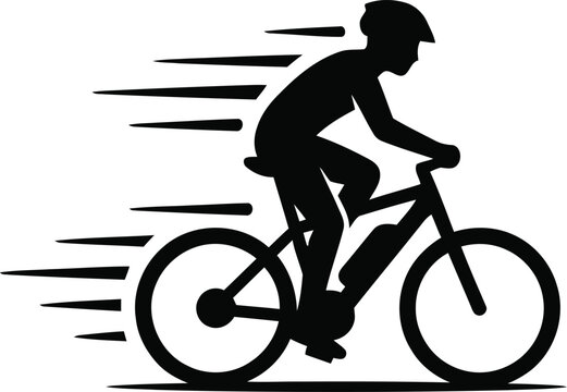 Fast e-bike cyclist silhouette with speed lines, electric bicycle rider in motion vector, black mountain bike courier icon on white background