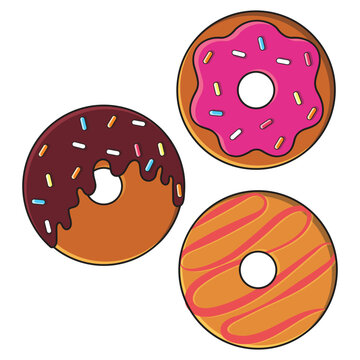 Three different delicious donuts on white background