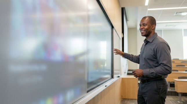 African American male teacher presenting educational content on interactive whiteboard in modern university classroom.