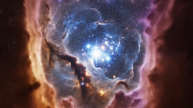 A breathtaking view of a vibrant nebula, showcasing swirling cosmic dust and gas illuminated by brilliant starlight against a backdrop of countless stars.