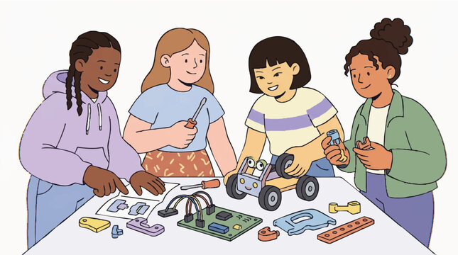 Diverse Group of Young Girls Building a Robot Together, STEM Education and Teamwork Illustration
