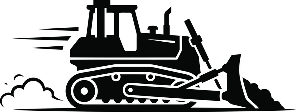 Heavy bulldozer silhouette vector, industrial construction tractor icon, black crawler dozer earthmover moving dirt for civil engineering projects