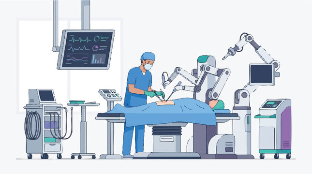 Robotic Surgery Illustration: Surgeon Using Advanced Medical Robot in a Modern Operating Room for Minimally Invasive Procedure