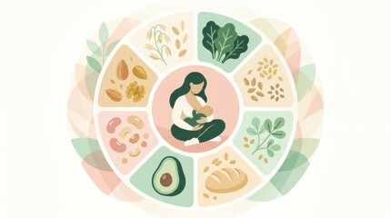 Fototapeta premium Mothers are shown nursing their babies while considering diet choices that aid in healthy lactation and support infant nutrition.
